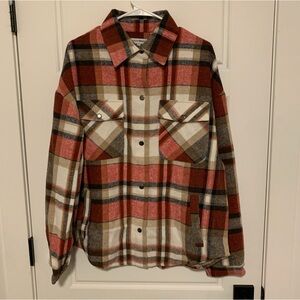 Red and brown button up shirt